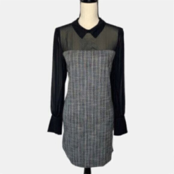 NWT BCBGeneration Black Sheer Sleeve Twill Plaid Pattern Dress - Picture 2 of 15
